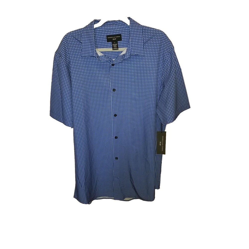 Shaquille O'Neal Short Sleeve  Button-Down  Shirt _  Blue Square Print LT